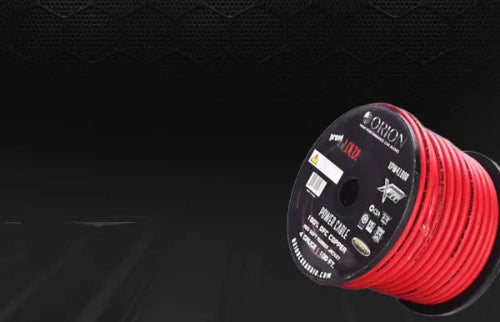 Spool of red wire with Orion XPR branding on a black background