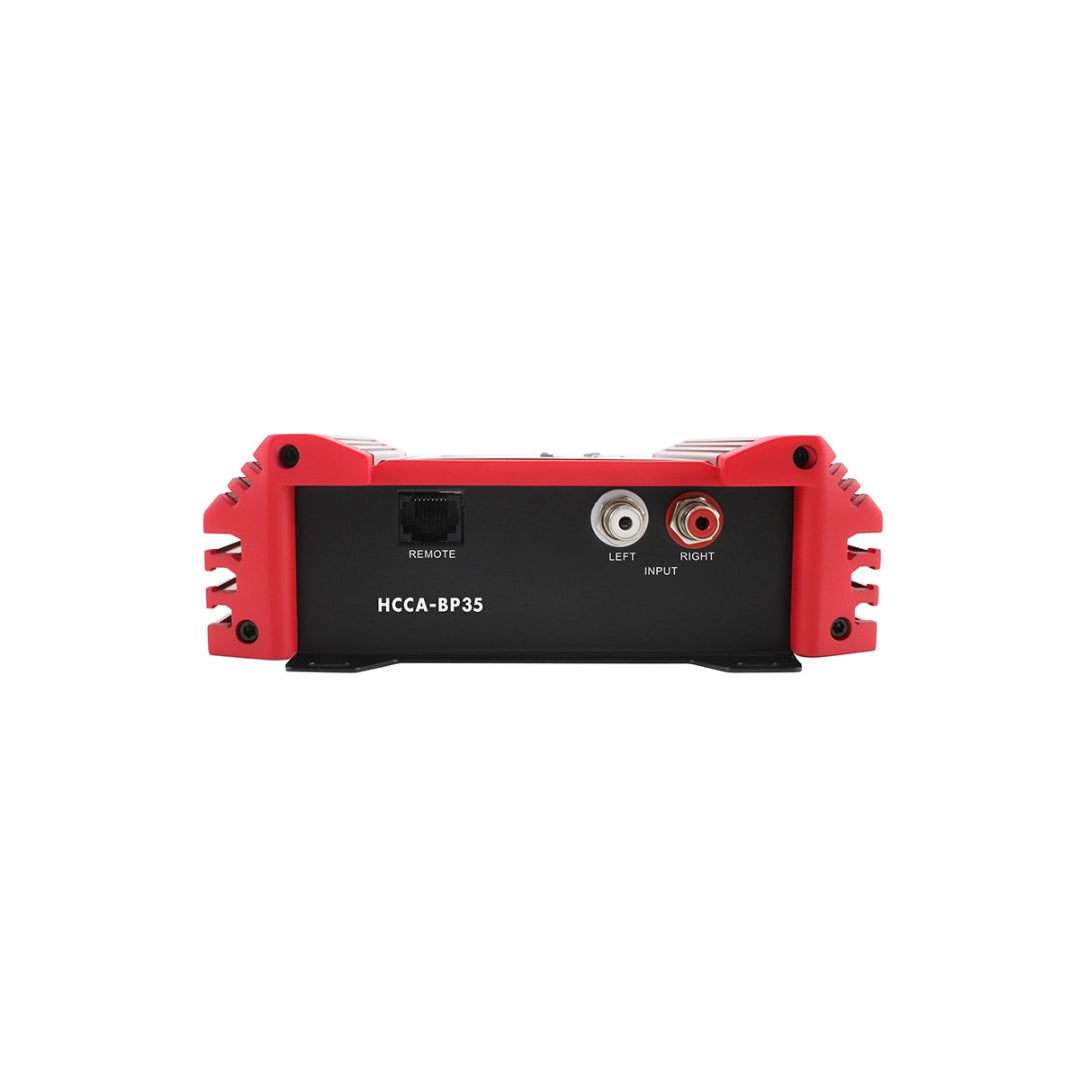 Red and black electronic device with labeled ports on a white background