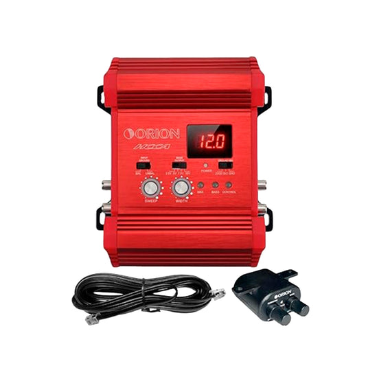Red Orion power inverter with cables on a white background