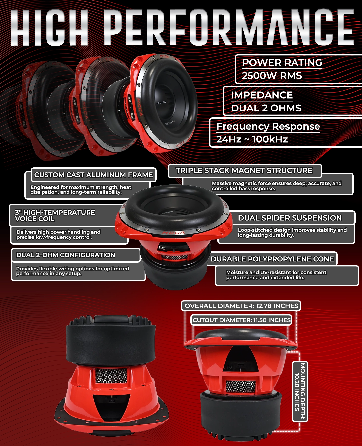 HCCA122 - Subwoofer de 12 pulgadas, 2500 vatios RMS, 2 ohmios, DVC 