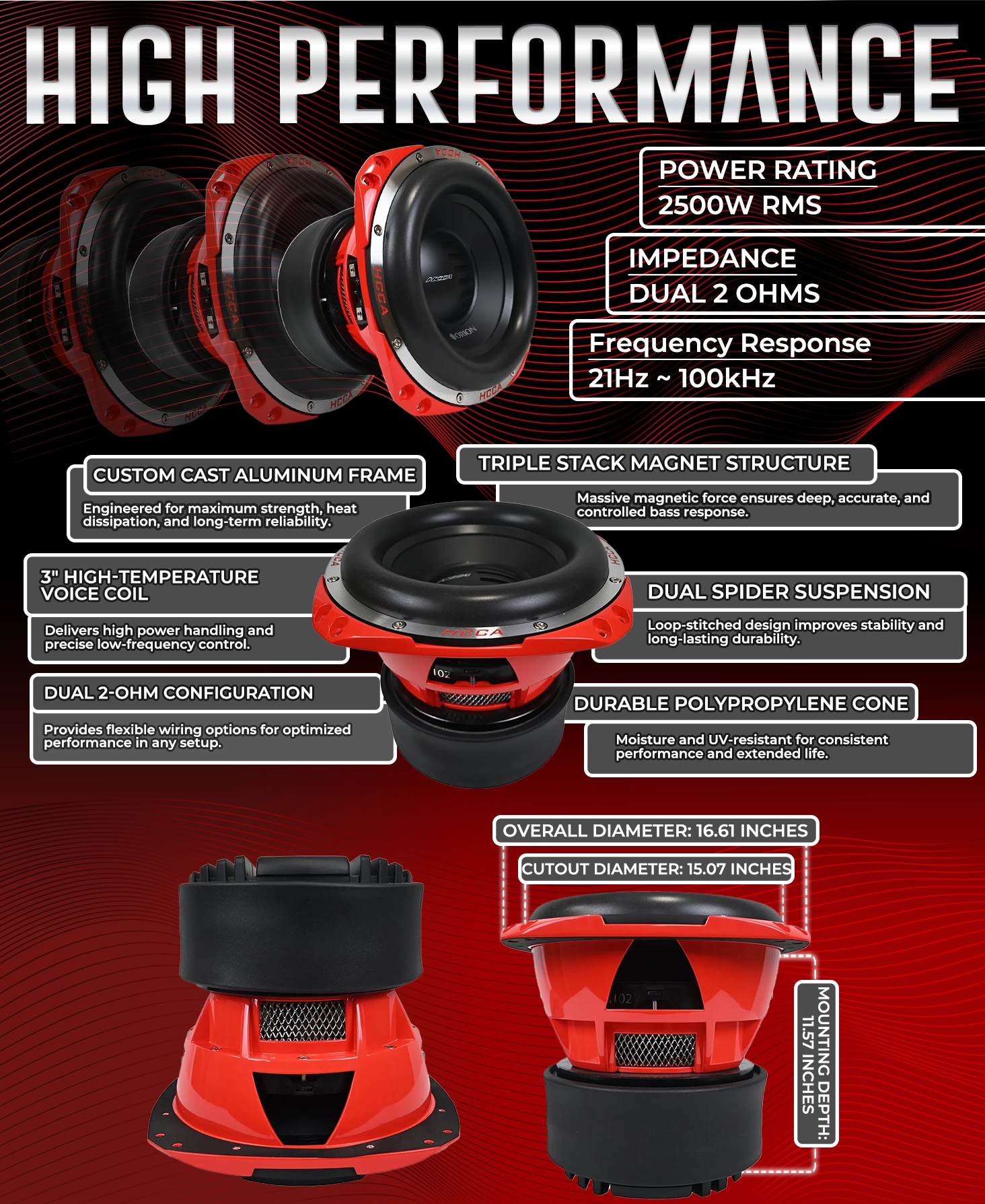 HCCA152 - Subwoofer de 15 pulgadas, 2500 vatios RMS, 2 ohmios, DVC 