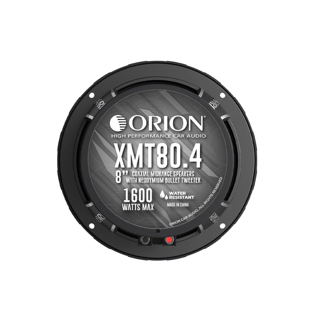 Front label view of Orion XMT80.4 8” water-resistant coaxial speaker
