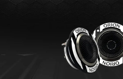 Two Orion speakers on a dark textured background