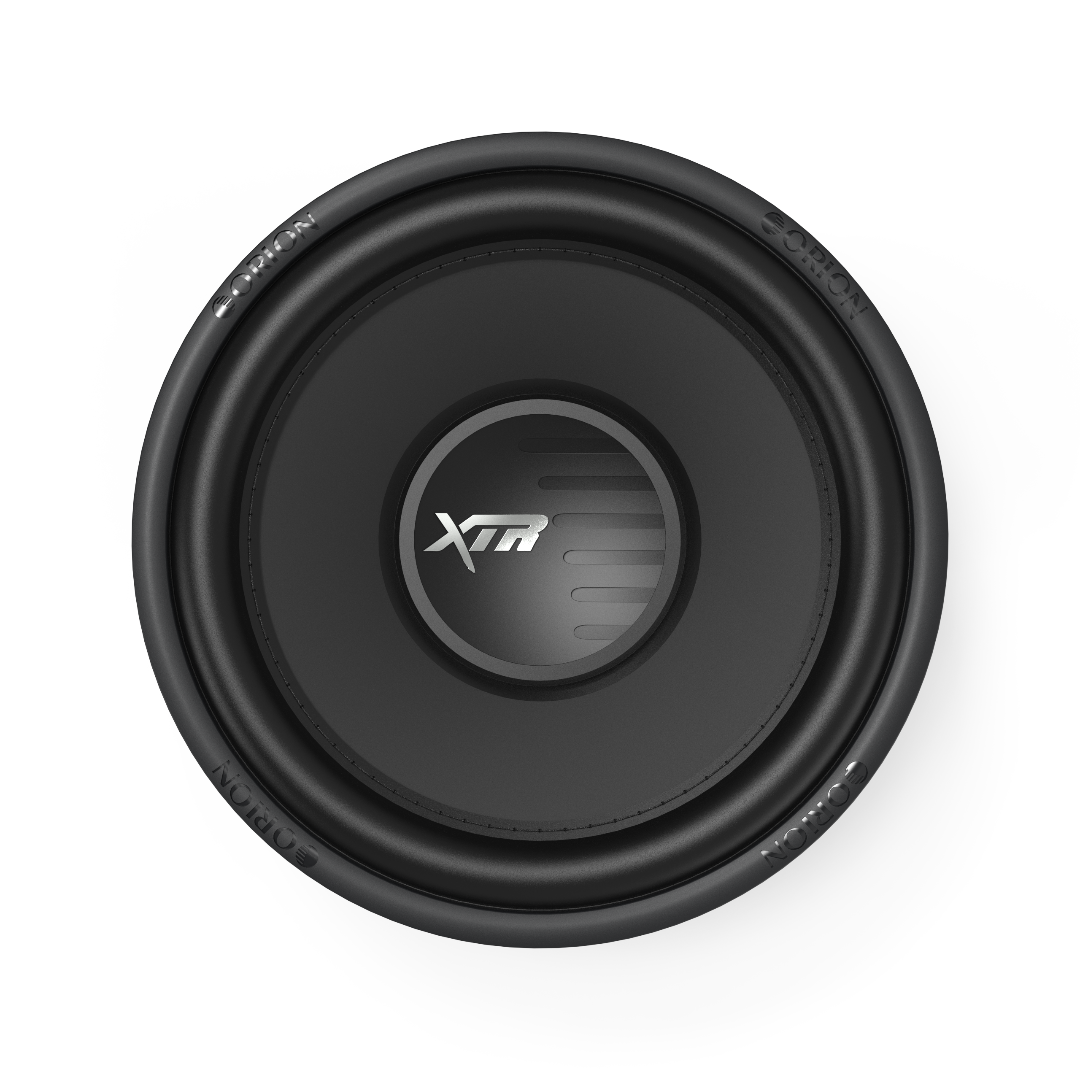 Black subwoofer with XTR logo on a white background