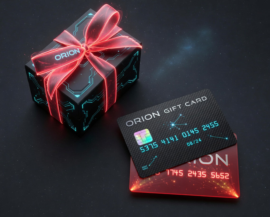 Orion gift card with digital design on a dark background